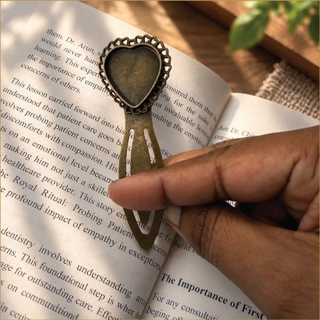 Antique Bronze Heart Lace Bookmark – Vintage Blank Bezel Gift