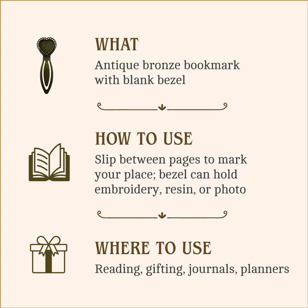 Antique Bronze Heart Lace Bookmark – Vintage Blank Bezel Gift