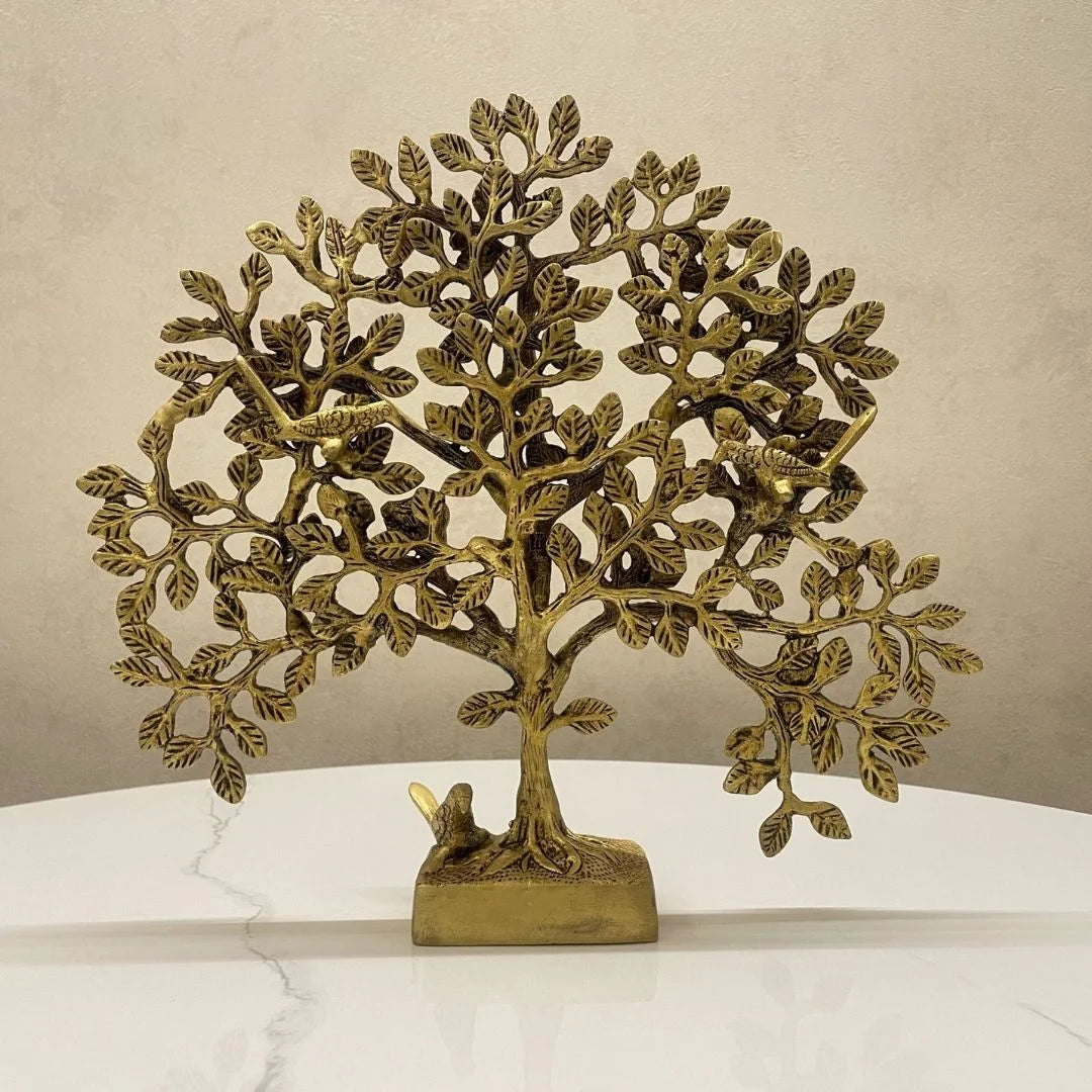 Brass Kalpavriksha Tree of Life idol in antique gold finish on tabletop