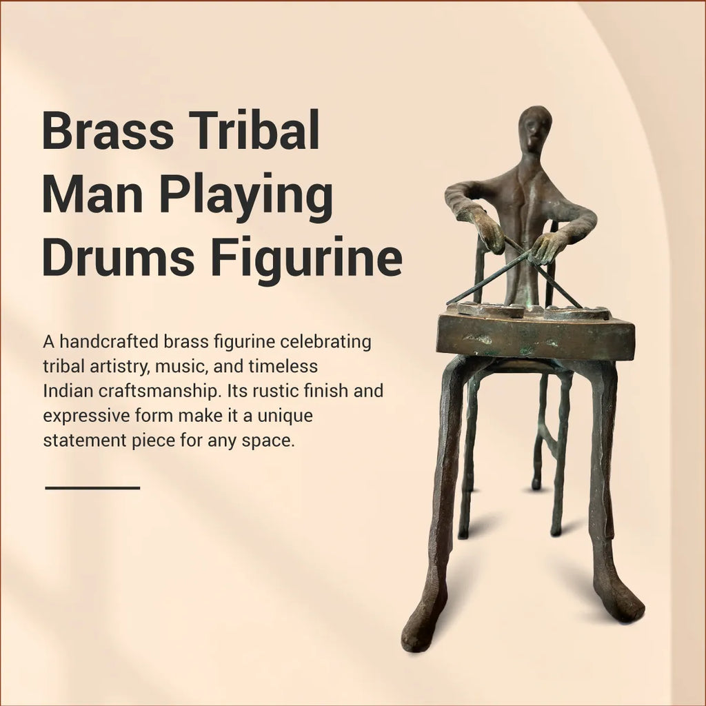 Brass tribal man playing drums figurine title card with product description on a beige background
