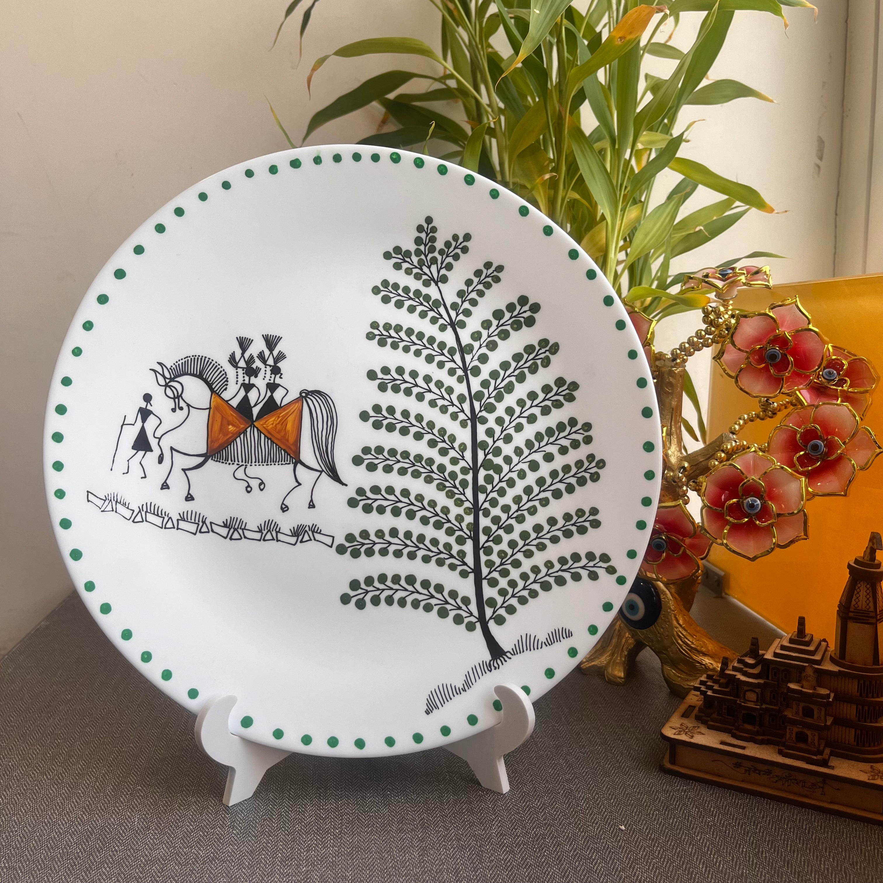 Artrooms Bride and Groom on Horse Ceramic Hand Painted Warli Art - Wall Decor Plates