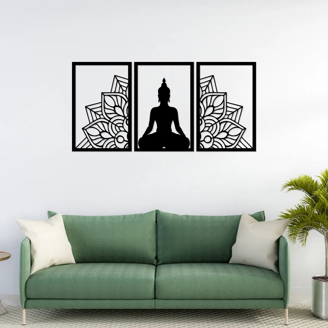 Buddha meditation metal wall art set in living room