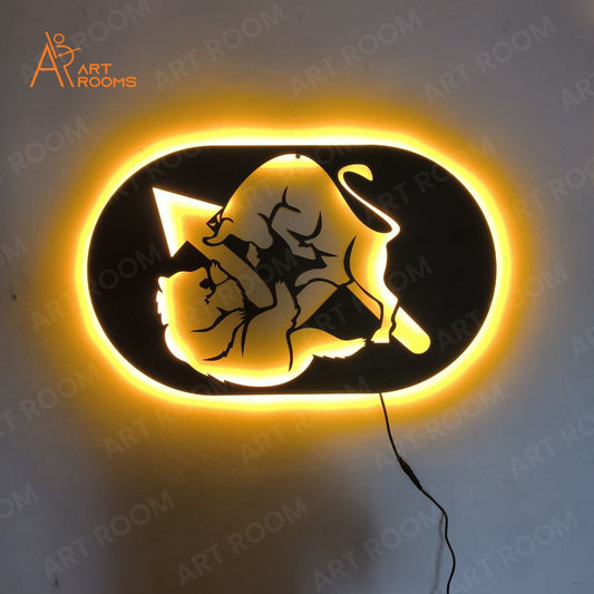Artrooms Bull and Bear Metal Wall Art With Light | Wall Decoration | Wall Hanging (15x25 inch) | Black Matte Finish