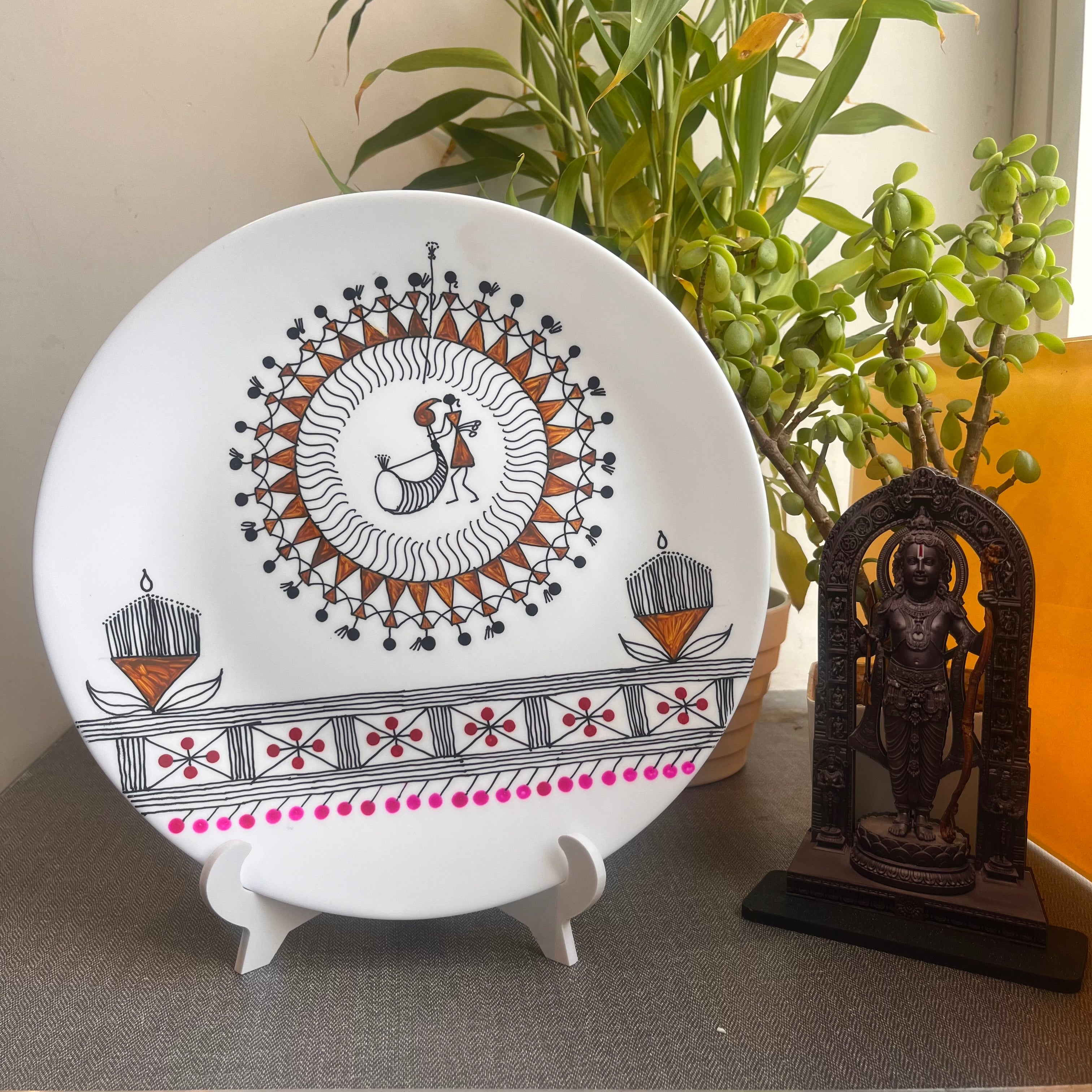 Artrooms Captivating Warli Dance Ceramic Hand Painted Warli Art - Wall Decor Plates