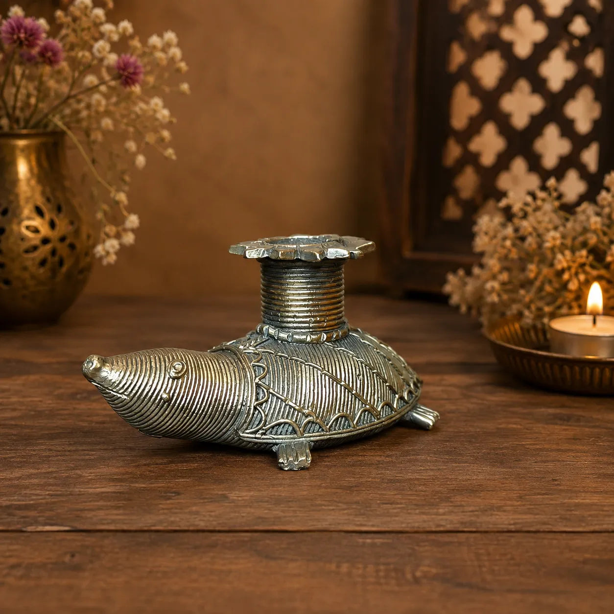 Dhokra Craft Turtle Candle Stand