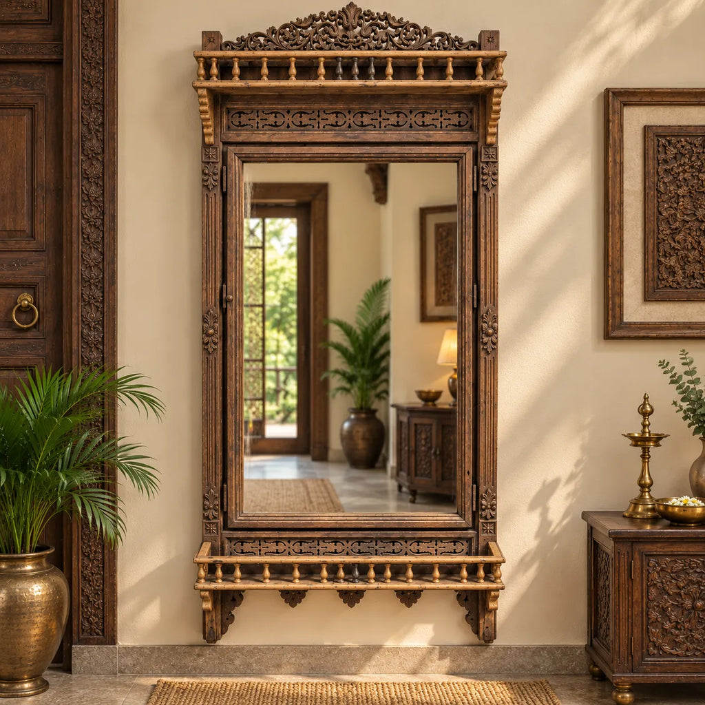 Antique Indian Carved Wooden Architectural Mirror