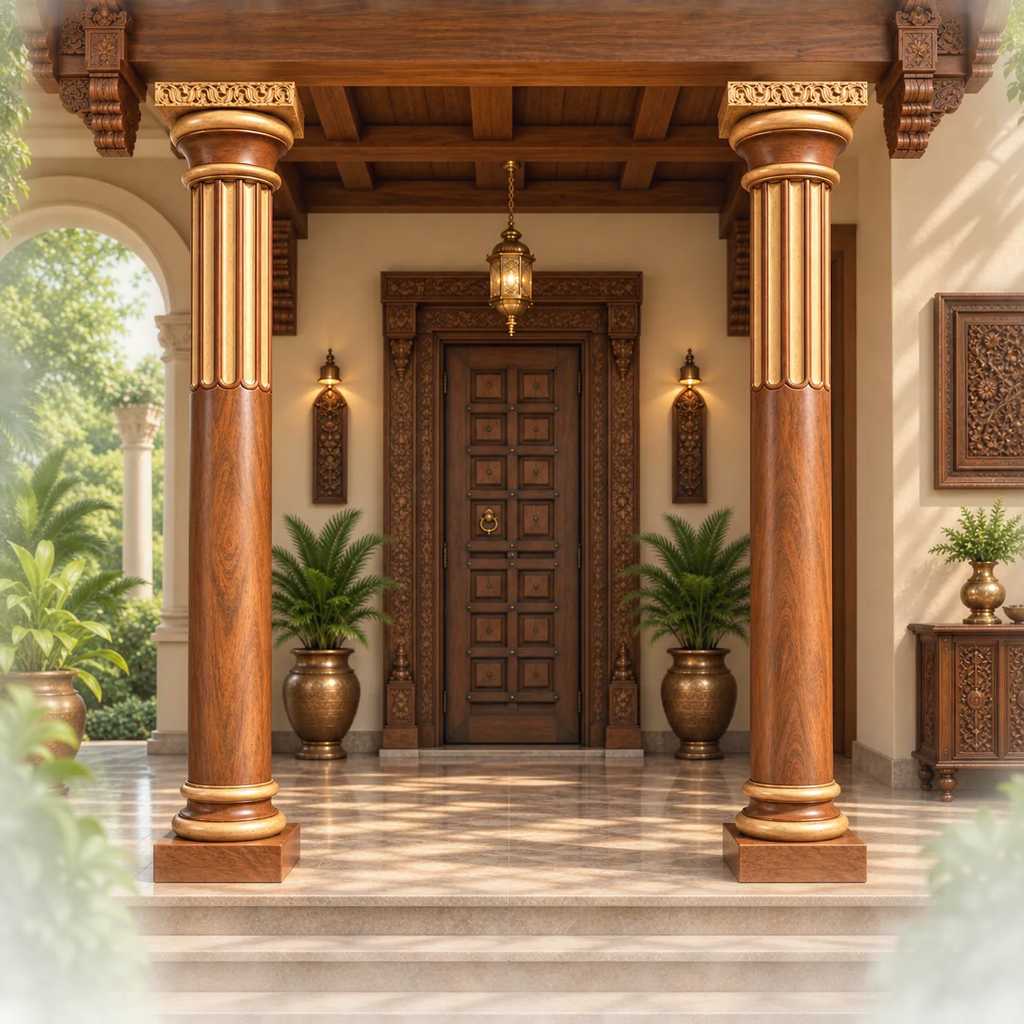 Colonial-Heritage Carved Teak Entrance Pillars