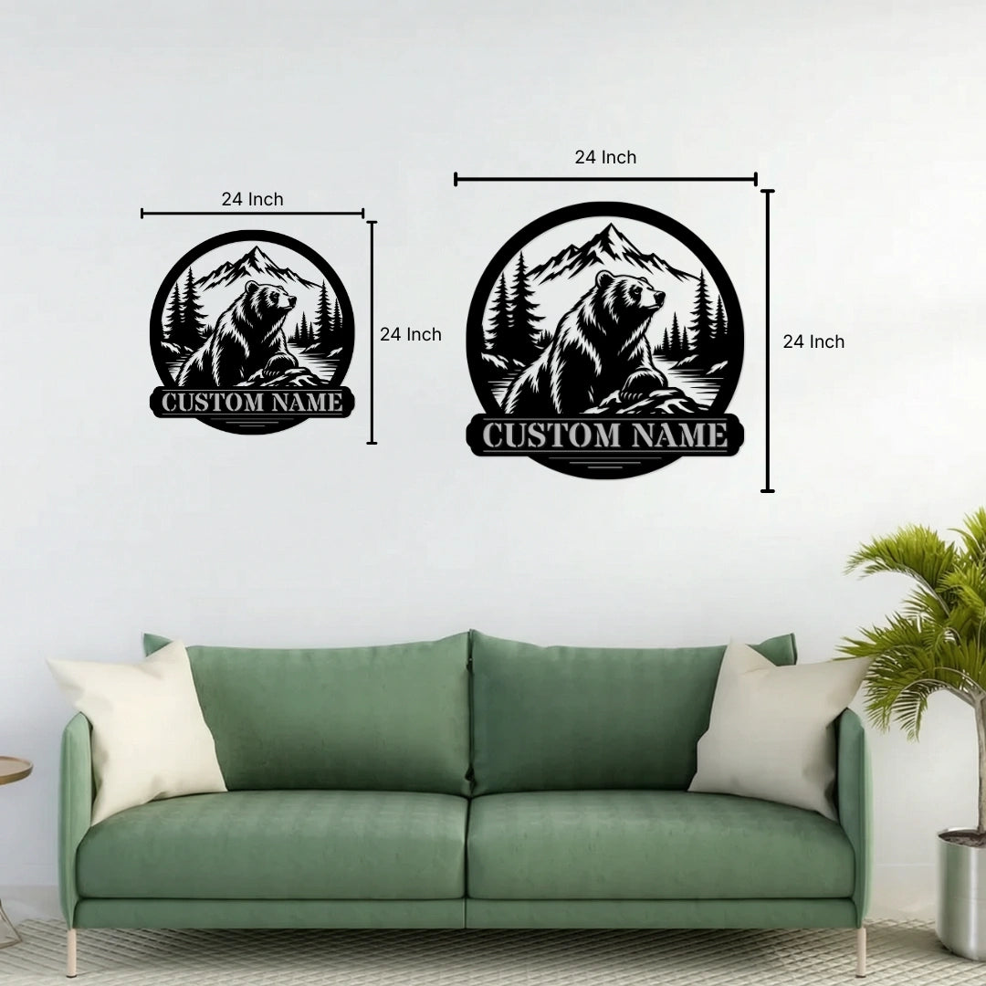 Custom bear metal wall art size comparison on green sofa living room wall