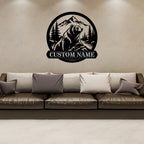 Custom bear metal wall art with personalized name above dark leather sofa – Artrooms