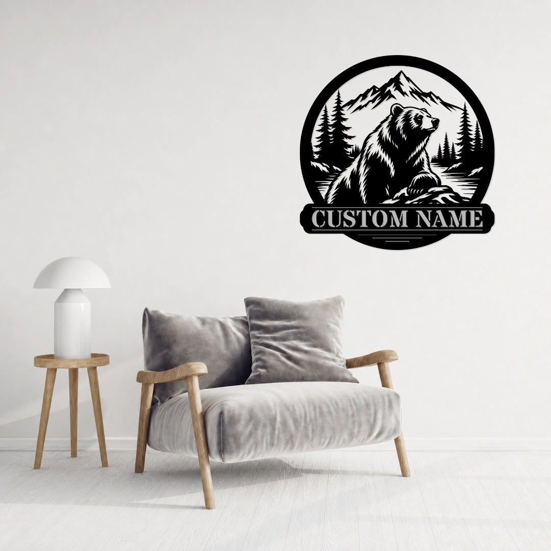Custom bear name metal sign above dining table in contemporary kitchen