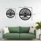 Custom name tree of life metal wall art in matte black on blue textured wall in contemporary living room