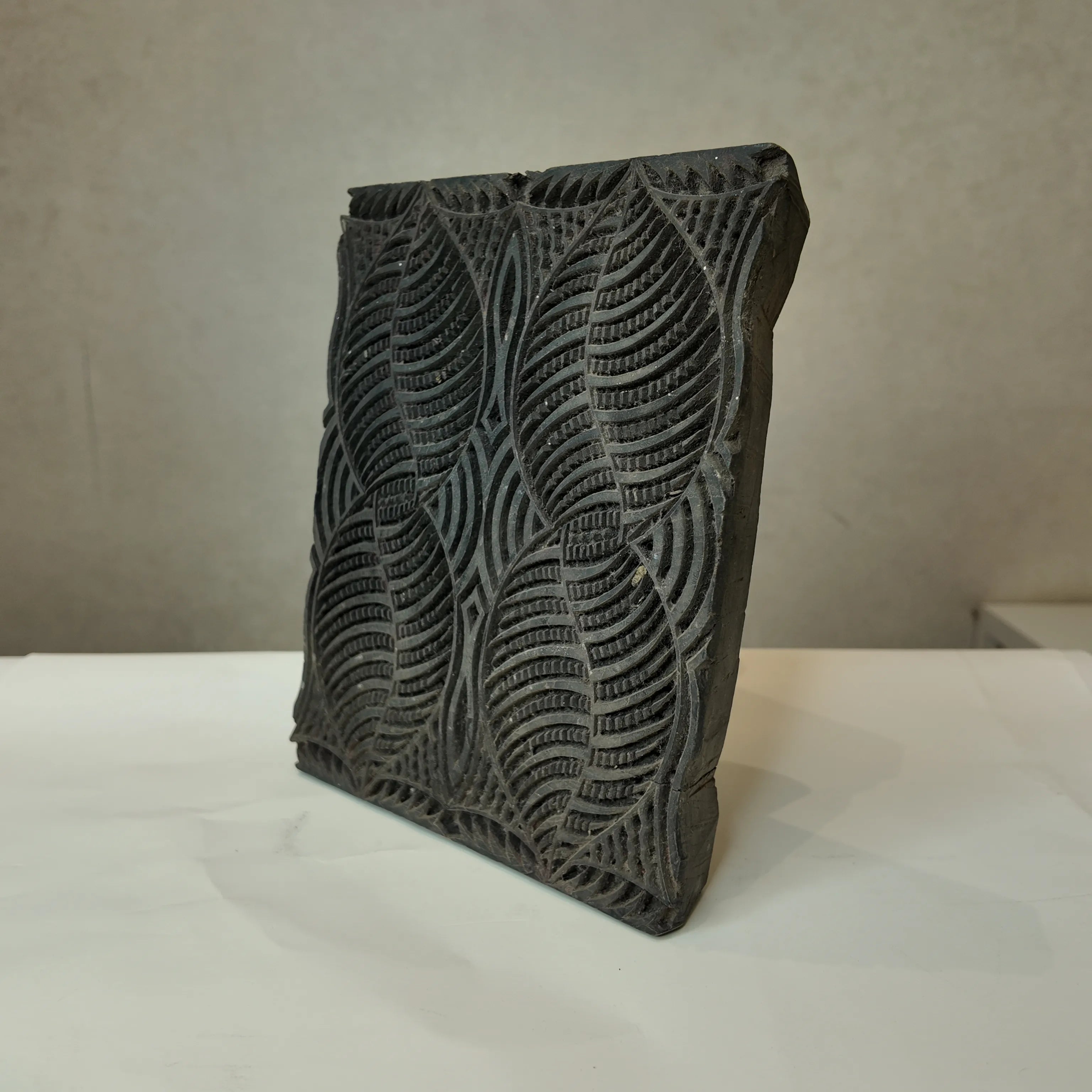 Vintage Hand-Carved Wooden Printing Block – Feather Leaf Motif