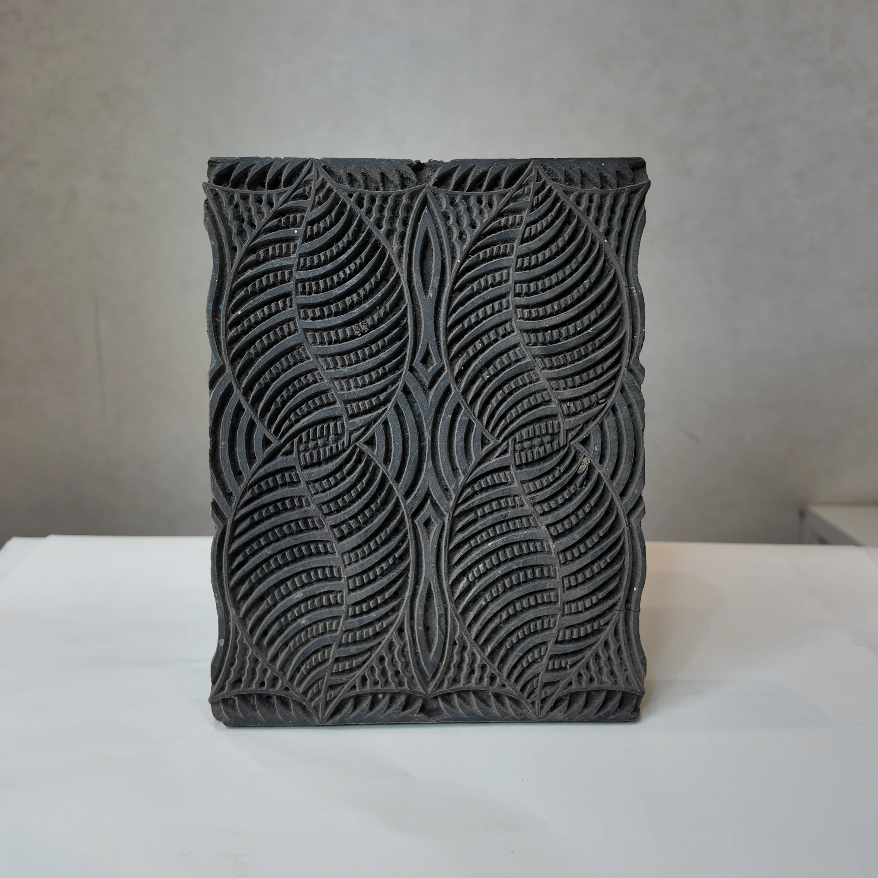 Vintage Hand-Carved Wooden Printing Block – Feather Leaf Motif