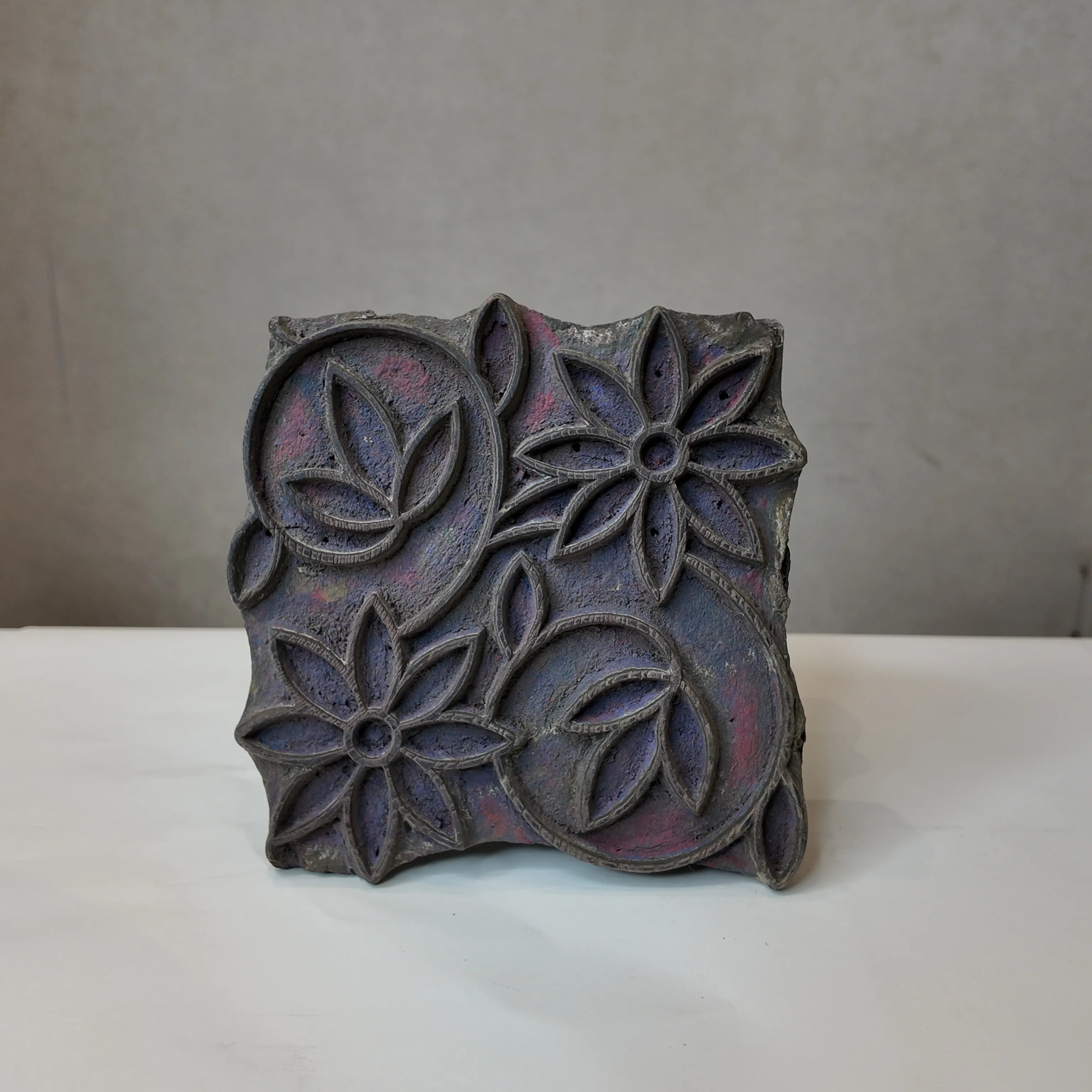 Vintage Hand-Carved Wooden Printing Block – Blooming Vine Cluster