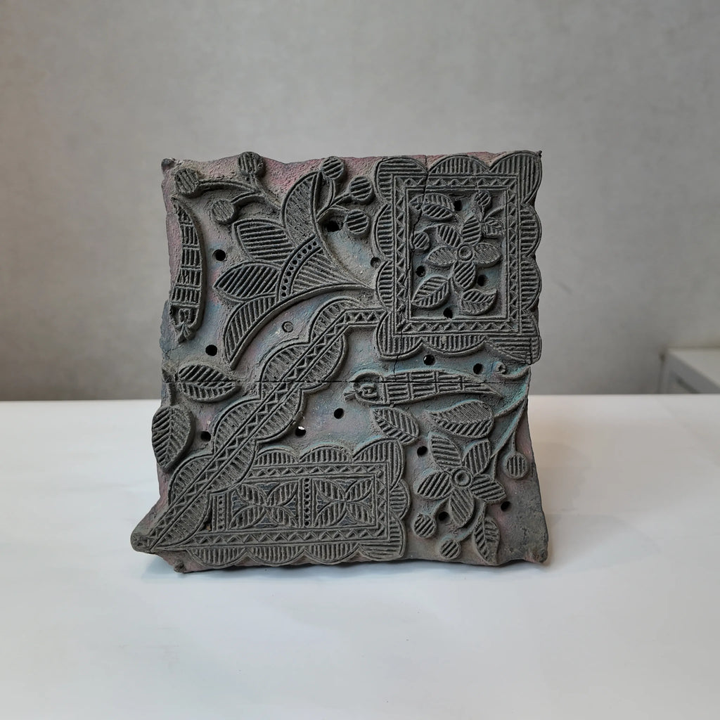 Vintage Hand-Carved Wooden Printing Block – Bird & Floral Panel