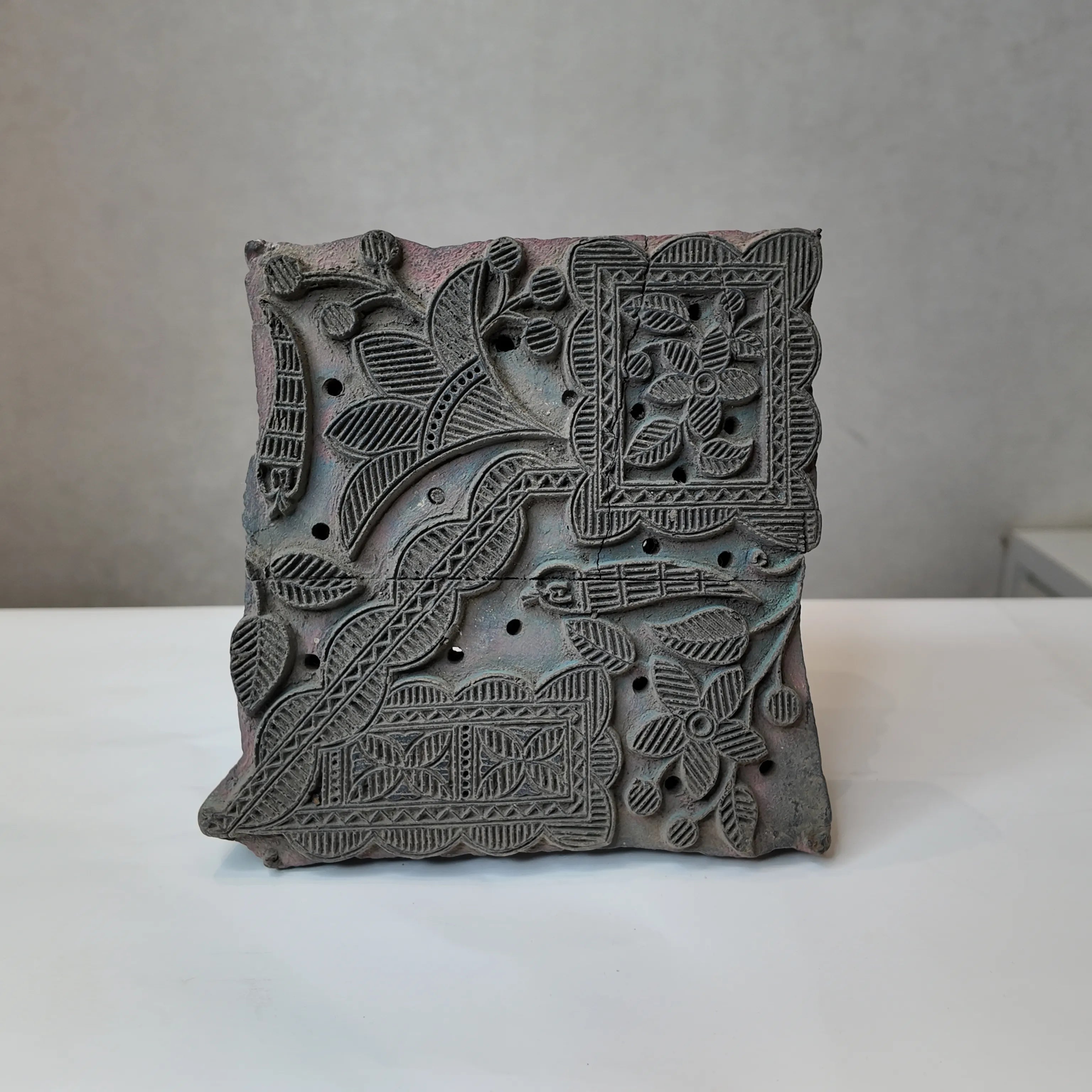 Vintage Hand-Carved Wooden Printing Block – Bird & Floral Panel