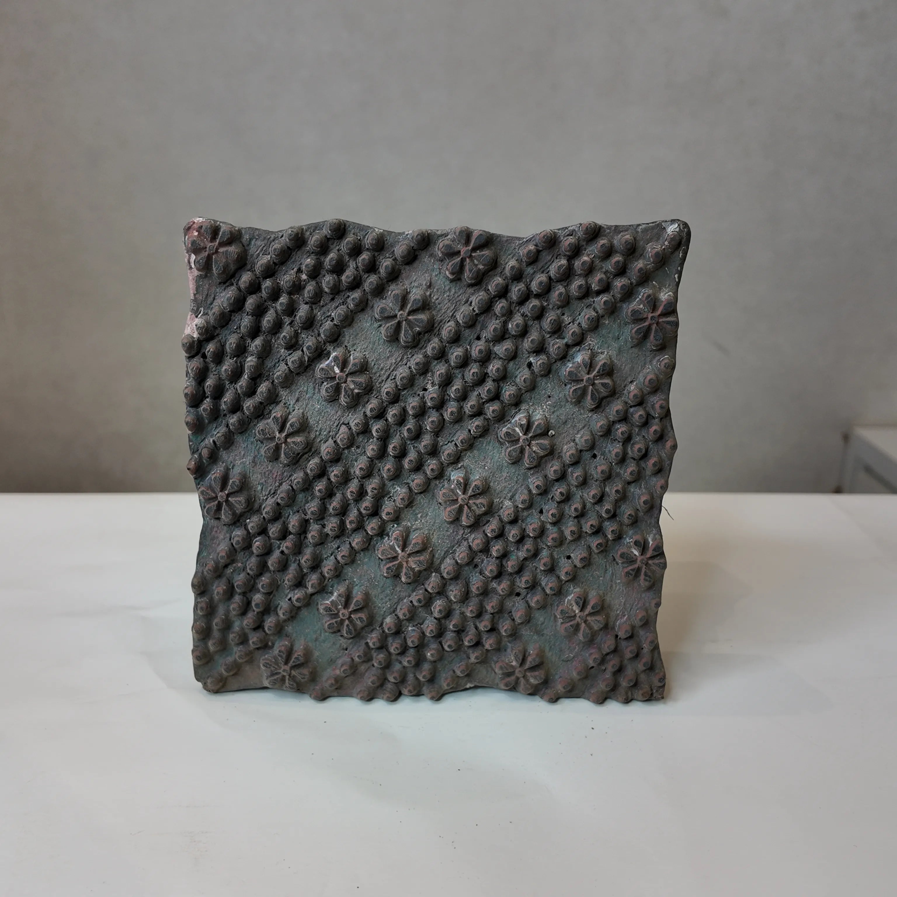Vintage Hand-Carved Wooden Printing Block – Diagonal Floral Dotted Stripes