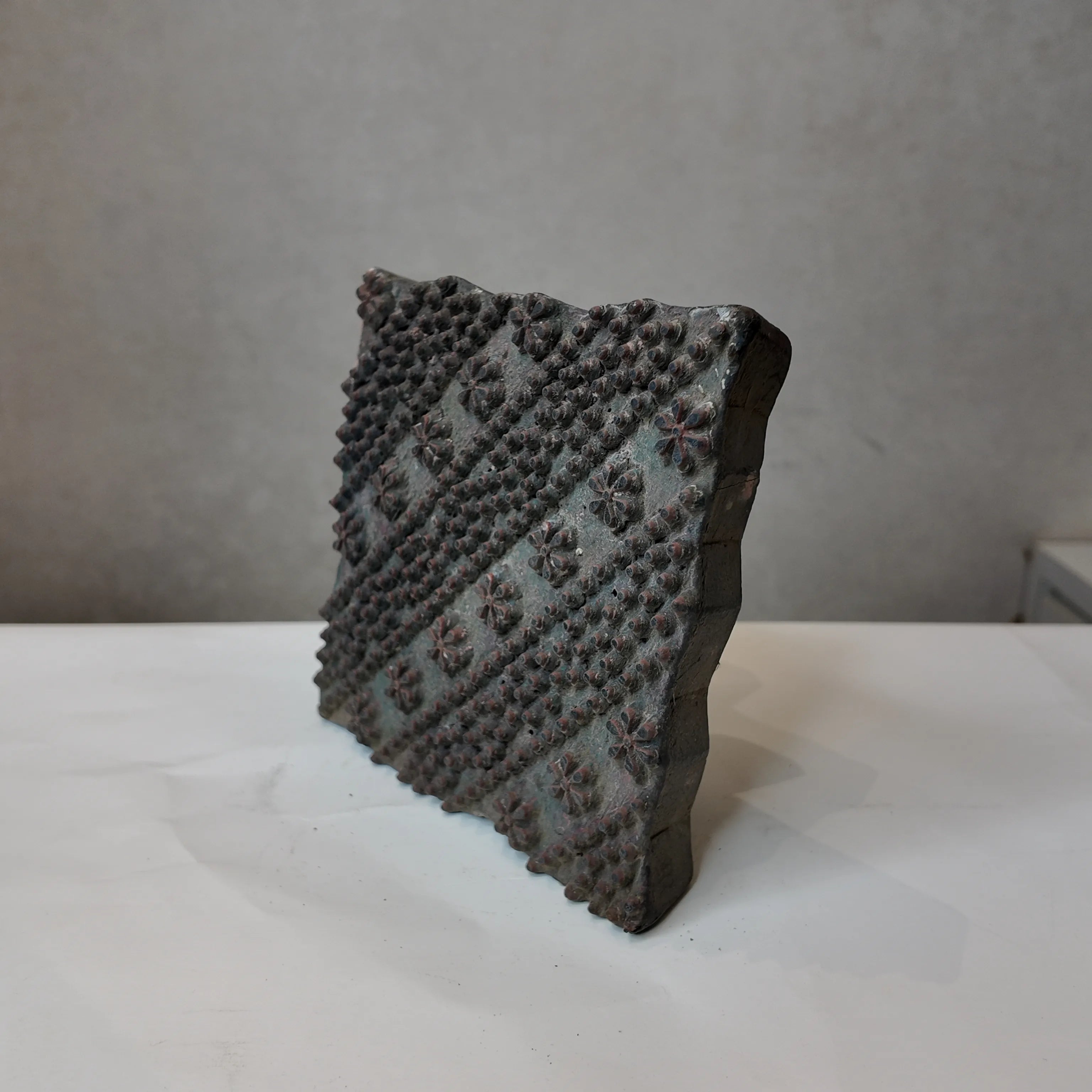 Vintage Hand-Carved Wooden Printing Block – Diagonal Floral Dotted Stripes