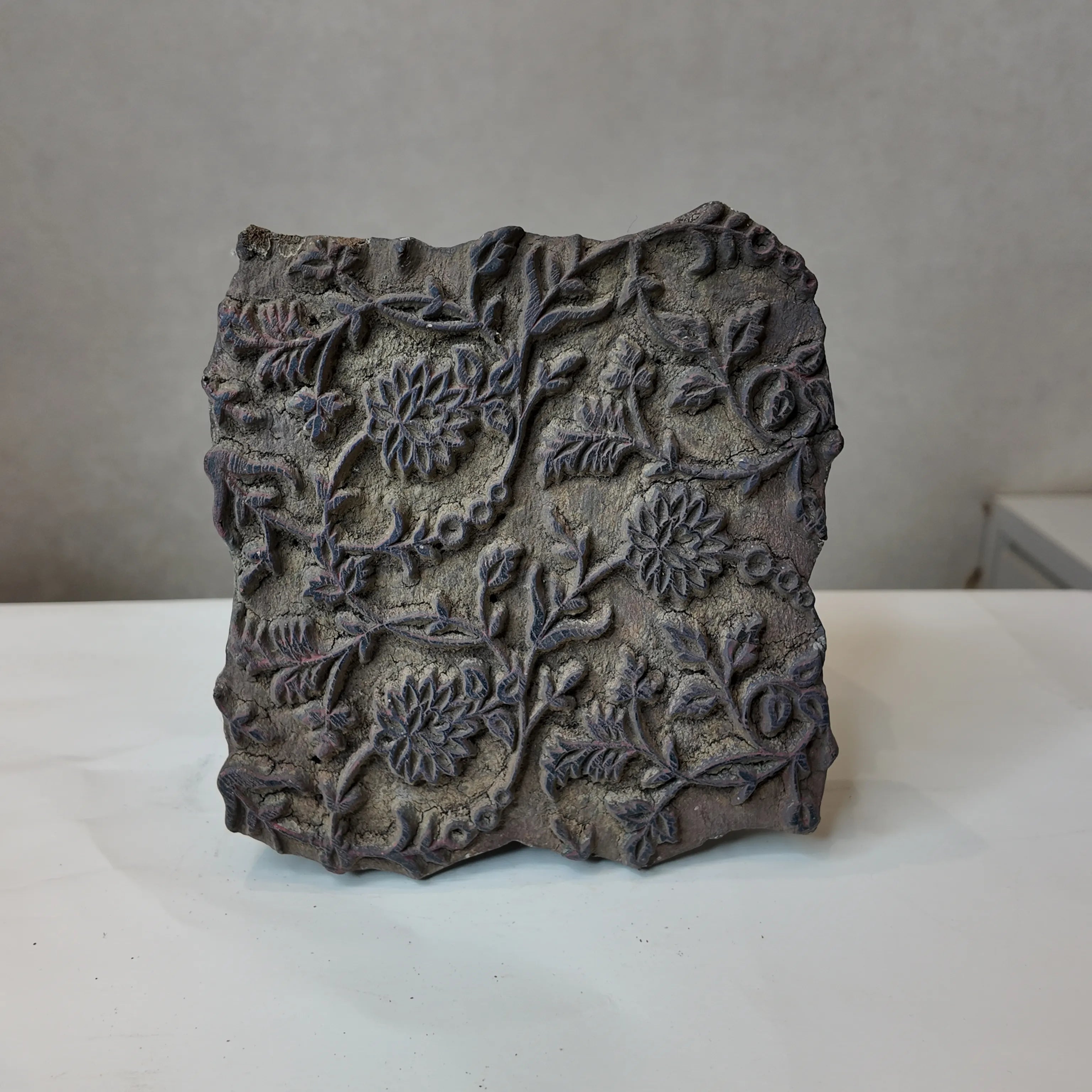 Vintage Hand-Carved Wooden Printing Block – Dense Floral Scrollwork