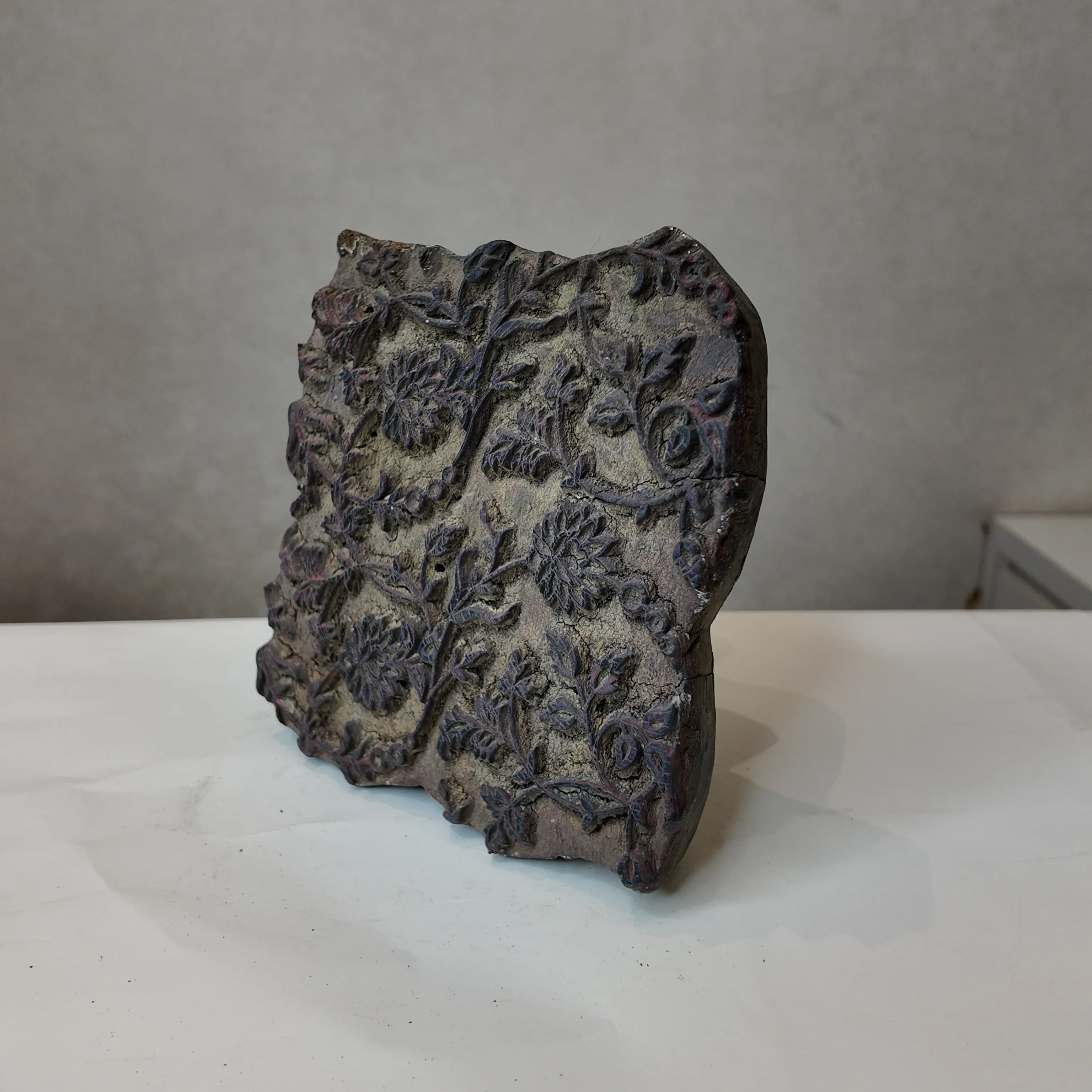 Vintage Hand-Carved Wooden Printing Block – Dense Floral Scrollwork