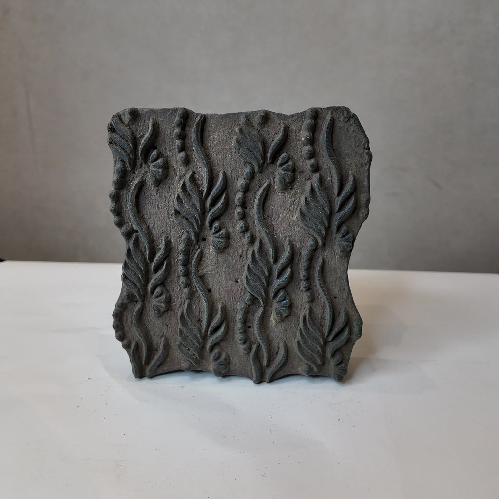 Vintage Hand-Carved Wooden Printing Block – Flame Leaf Vine