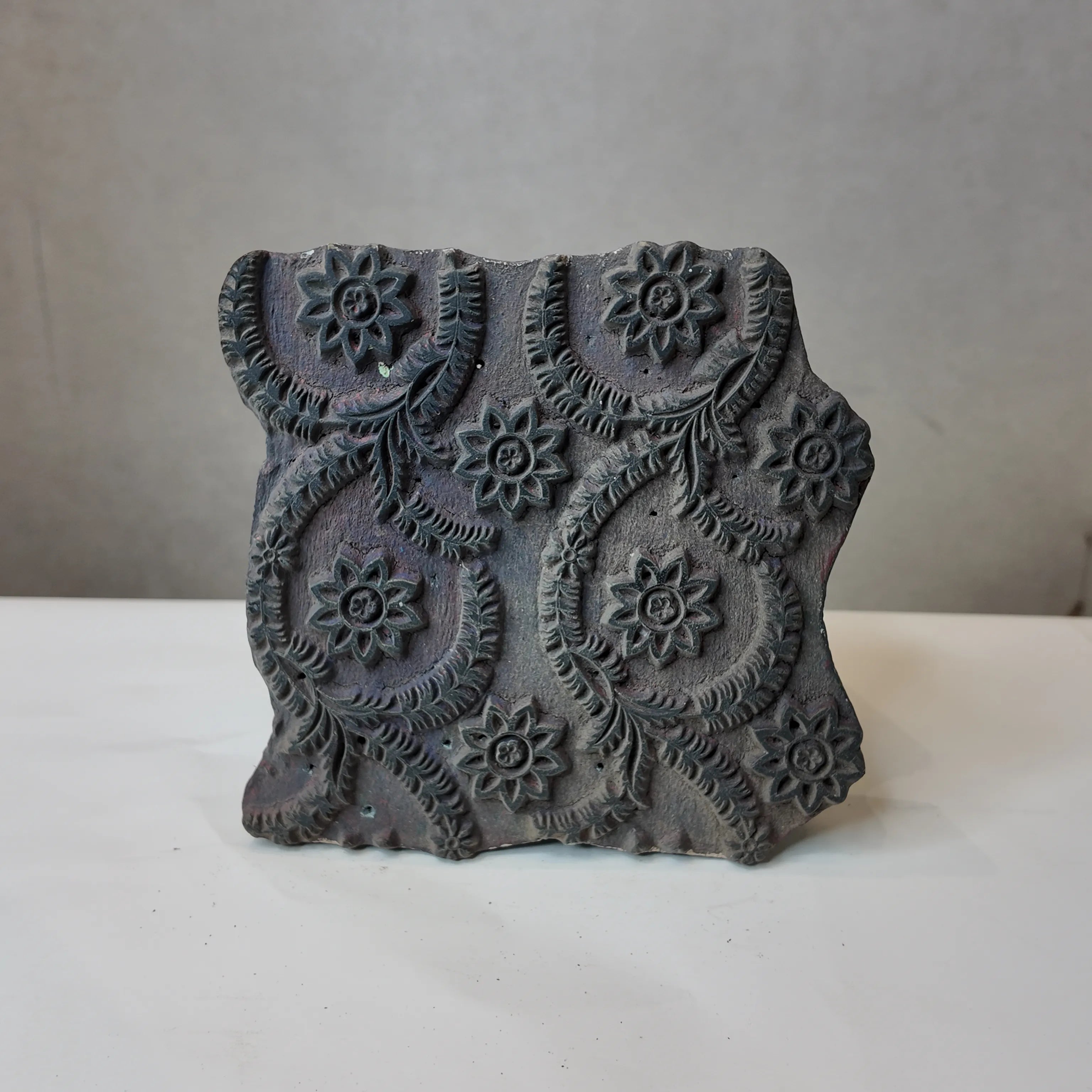 Vintage Hand-Carved Wood Printing Block – Floral Wreath Medallion