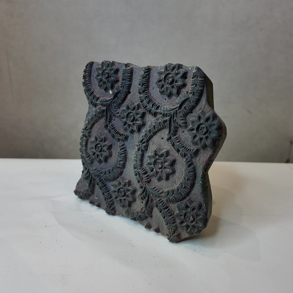 Vintage Hand-Carved Wood Printing Block – Floral Wreath Medallion
