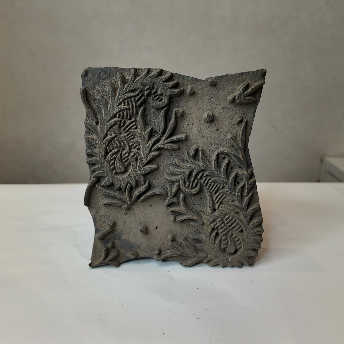 Vintage Hand-Carved Wood Printing Block – Herringbone Leaf