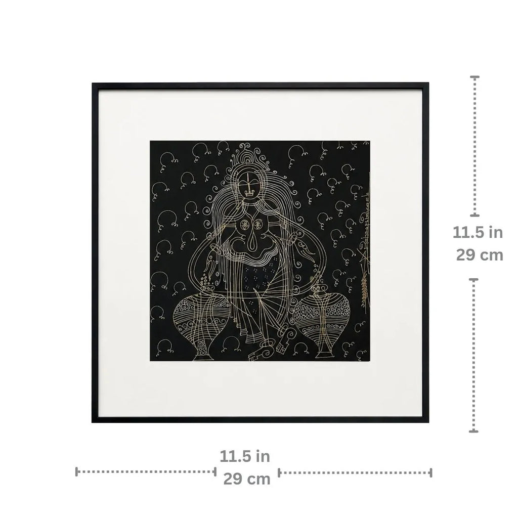 Dimension chart showing 11.5 x 11.5 inch size of Goddess Laxmi framed wall art
