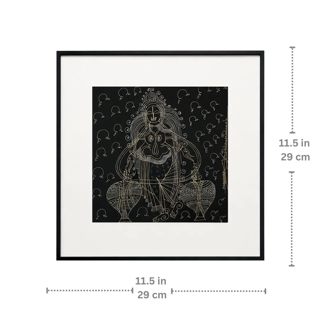 Dimension chart showing 11.5 x 11.5 inch size of Goddess Laxmi framed wall art
