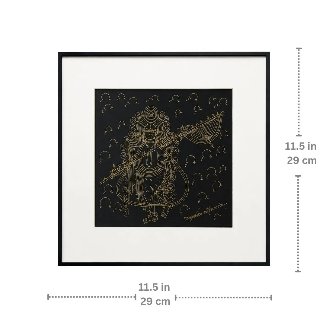 Dimension chart showing 11.5 x 11.5 inch size of Goddess Saraswati framed wall art

