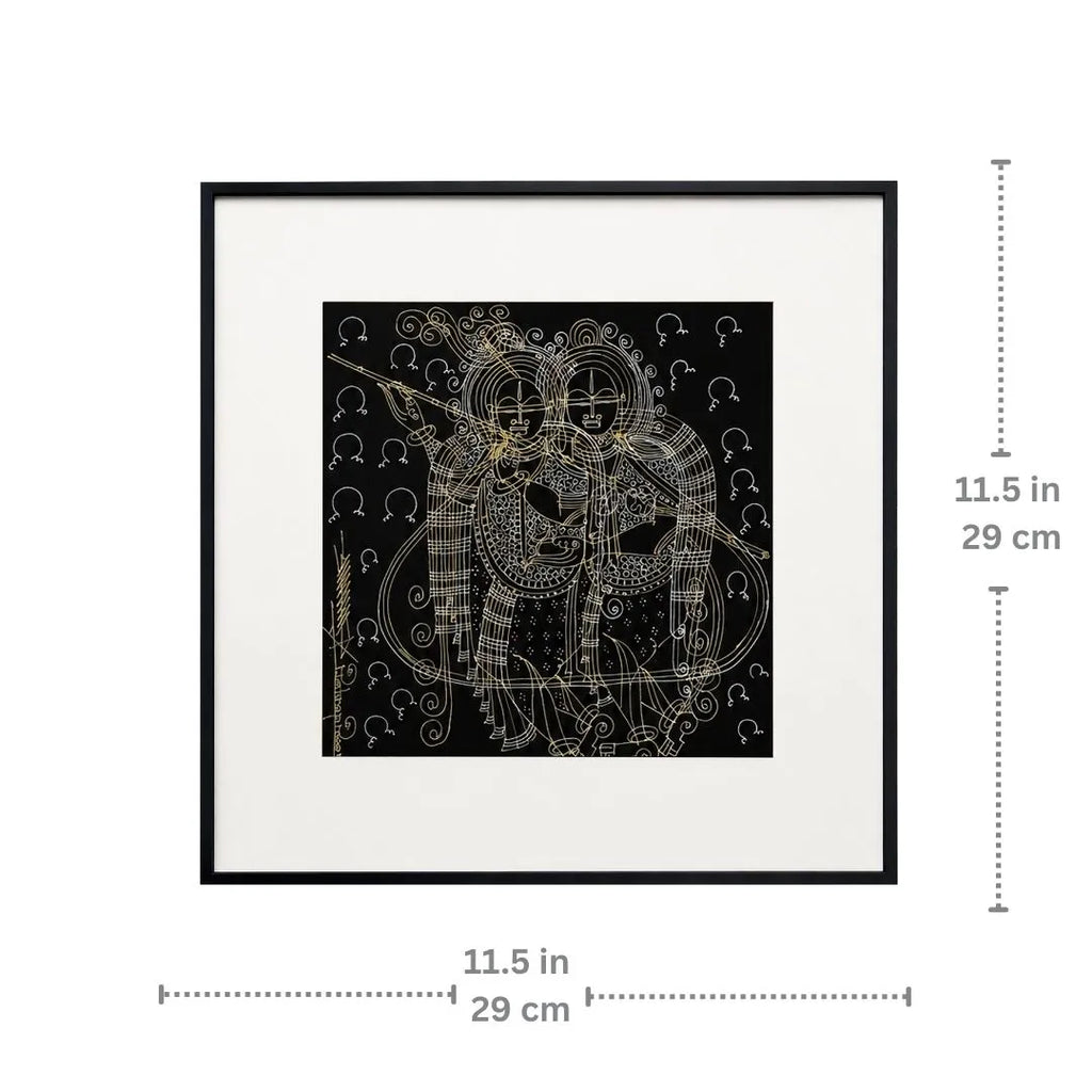 Dimension chart showing 11.5 x 11.5 inch size of Radha-Krishna framed wall art

