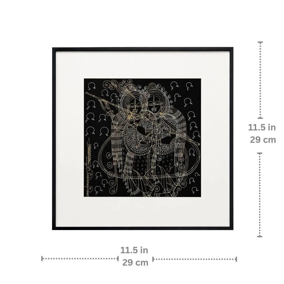 Dimension chart showing 11.5 x 11.5 inch size of Radha-Krishna framed wall art
