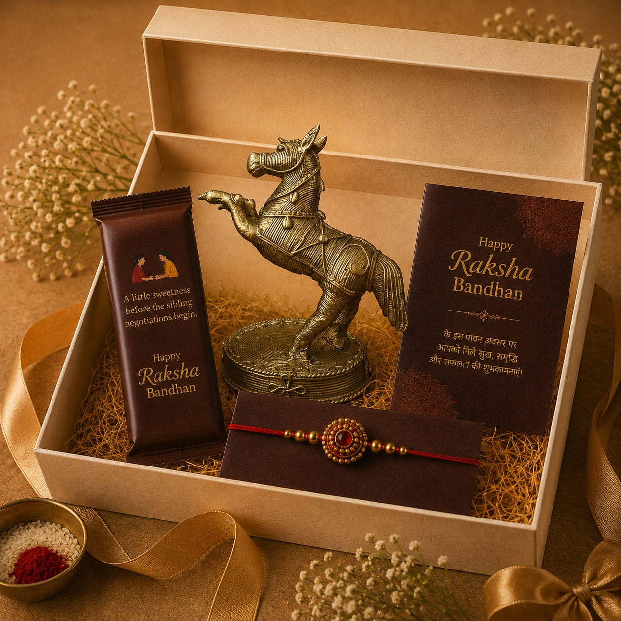 Raksha Bandhan Gift Hamper for Brother/Sister – Dhokra Art Rearing Horse Showpiece, Rakhi, Greeting Card & Cadbury Chocolate Bar