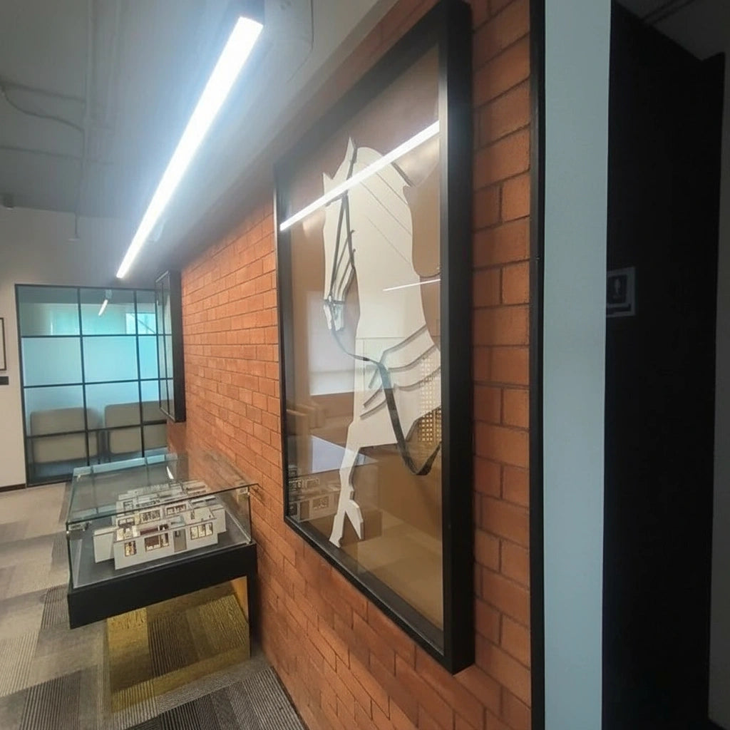 Elegant Horse 3D MDF wall art framed display on brick corridor wall with glass reflection
