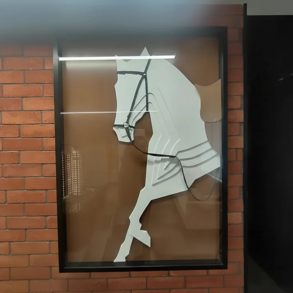 Elegant Horse 3D MDF wall art framed on brick wall, front view
