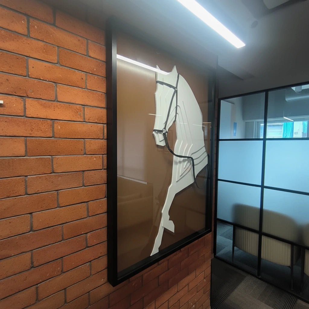 Elegant Horse 3D MDF wall art on brick wall in office hallway, angled view