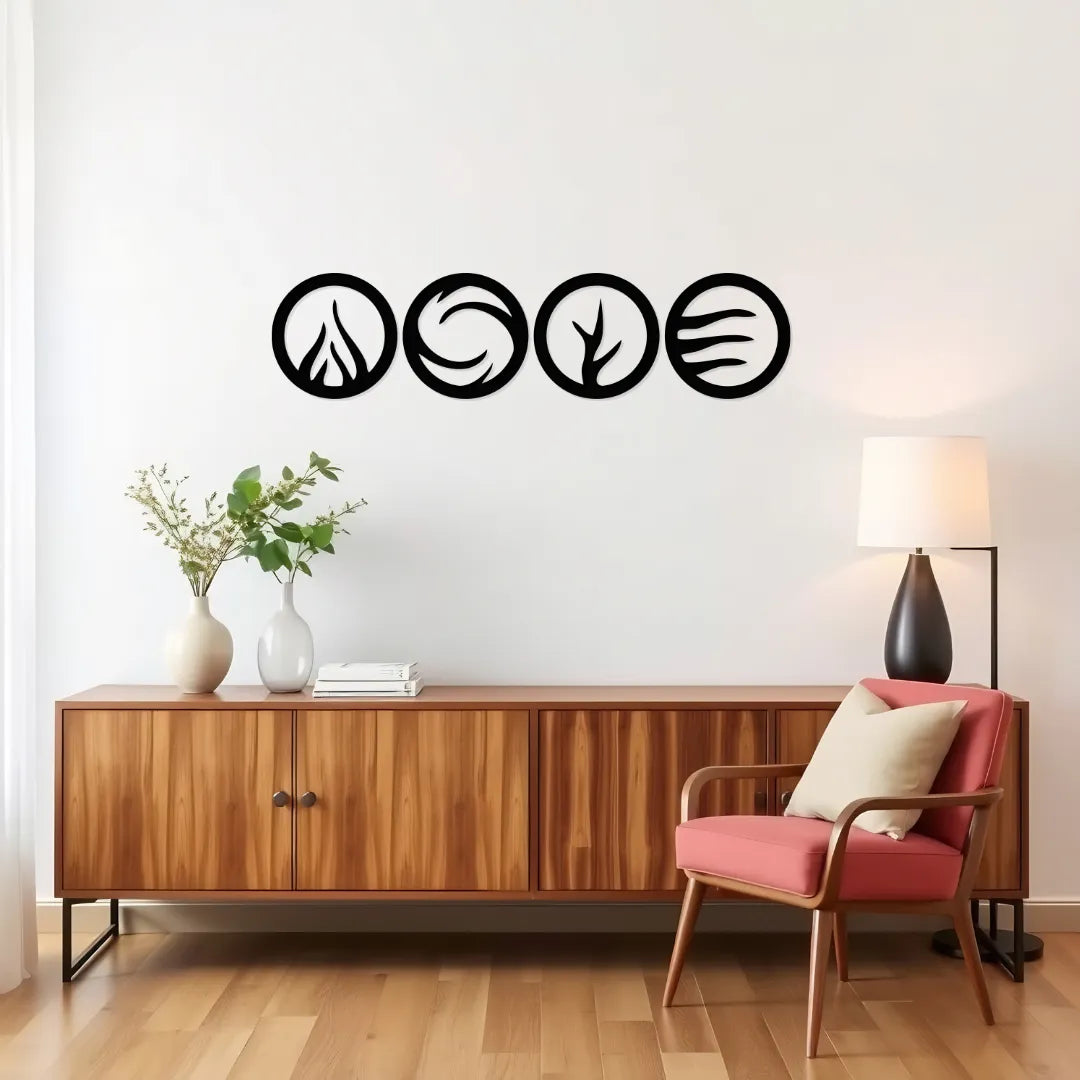 Element symbols metal wall decor four round panels displayed above sideboard