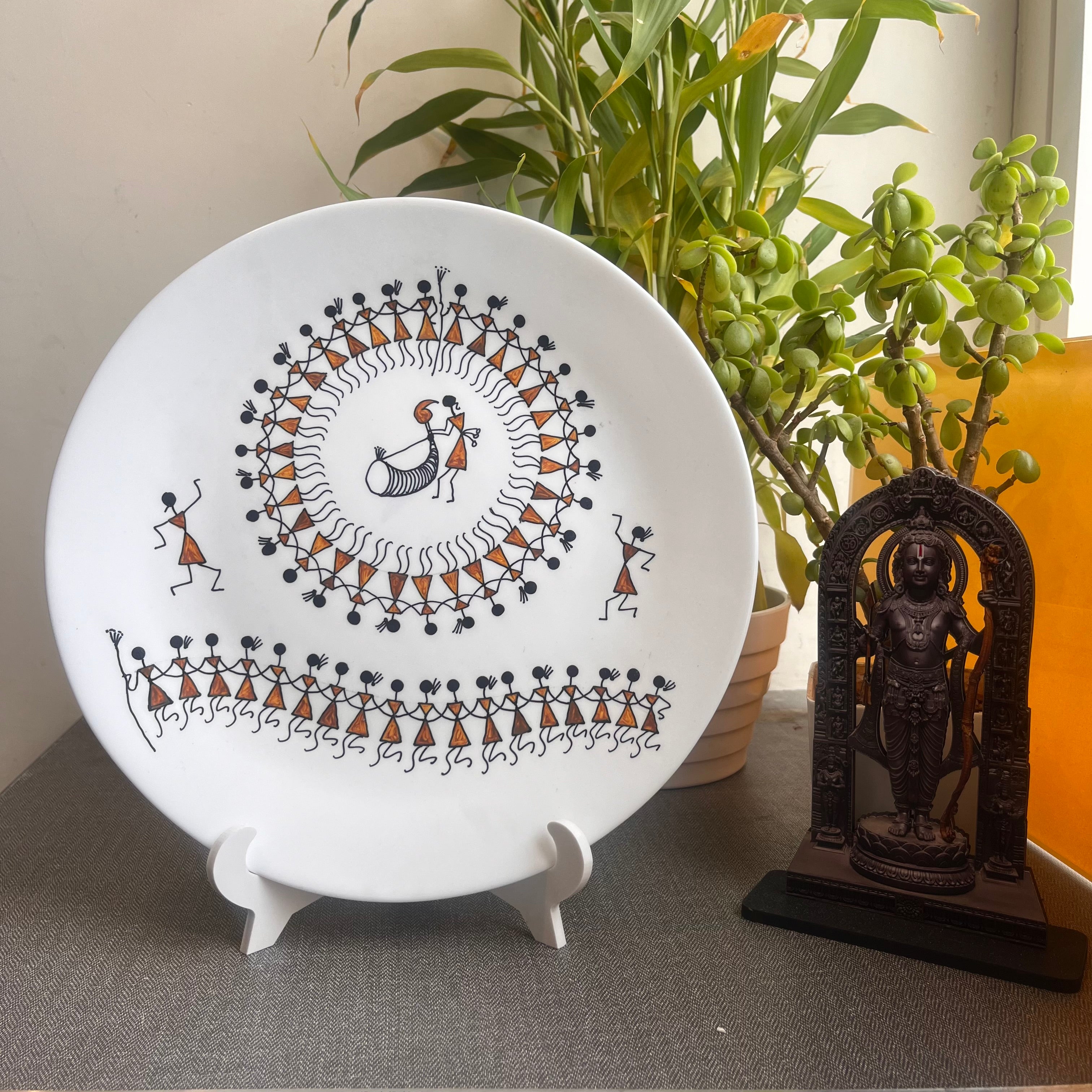 Artrooms Enchanting Warli Dance Ceramic Hand Painted Warli Art - Wall Decor Plates