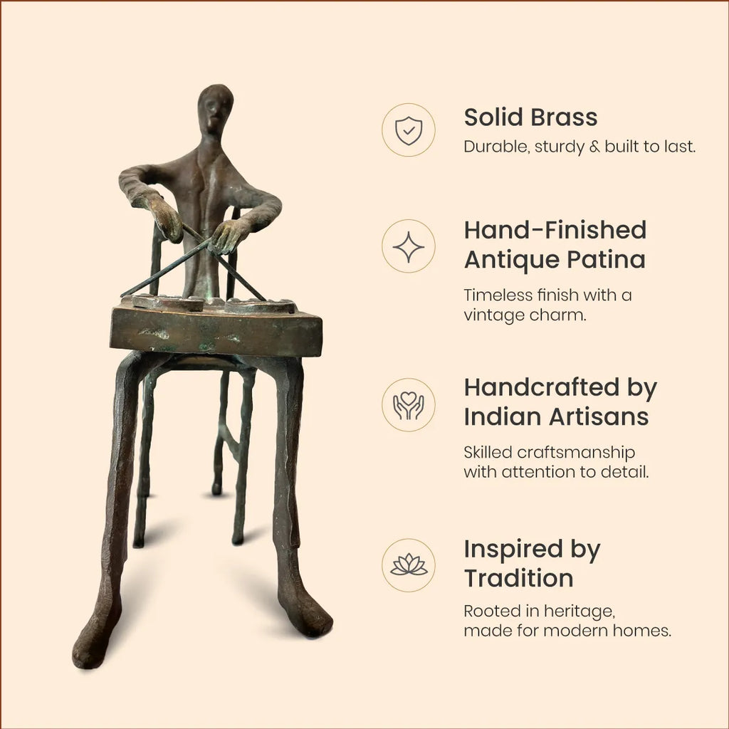 Feature panel: solid brass, hand-finished antique patina, handcrafted by Indian artisans, inspired by tradition
