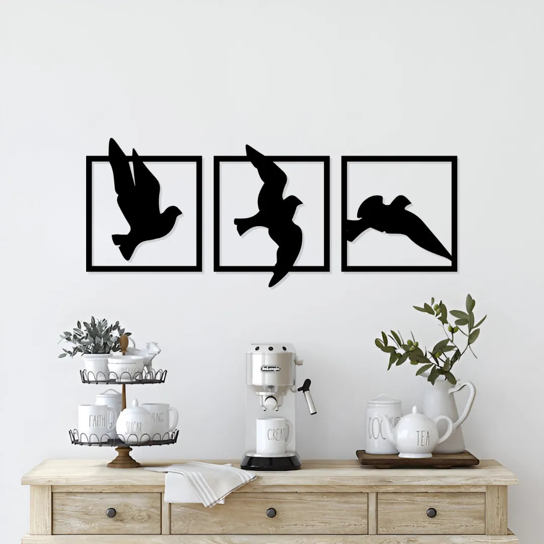Flying birds metal wall art set of 3 framed silhouettes for kitchen wall decor