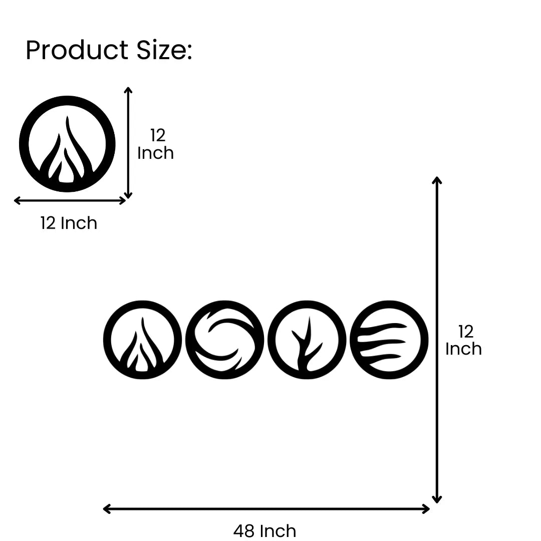 Four elements metal wall art size chart 48 inch wide total with 12 inch round pieces
