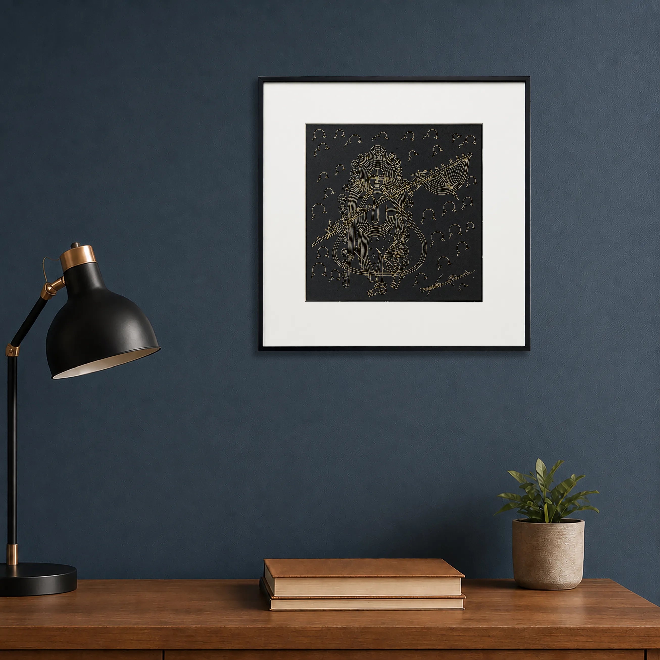 Framed Goddess Saraswati Surpur art painting hanging above a console table on a wall
