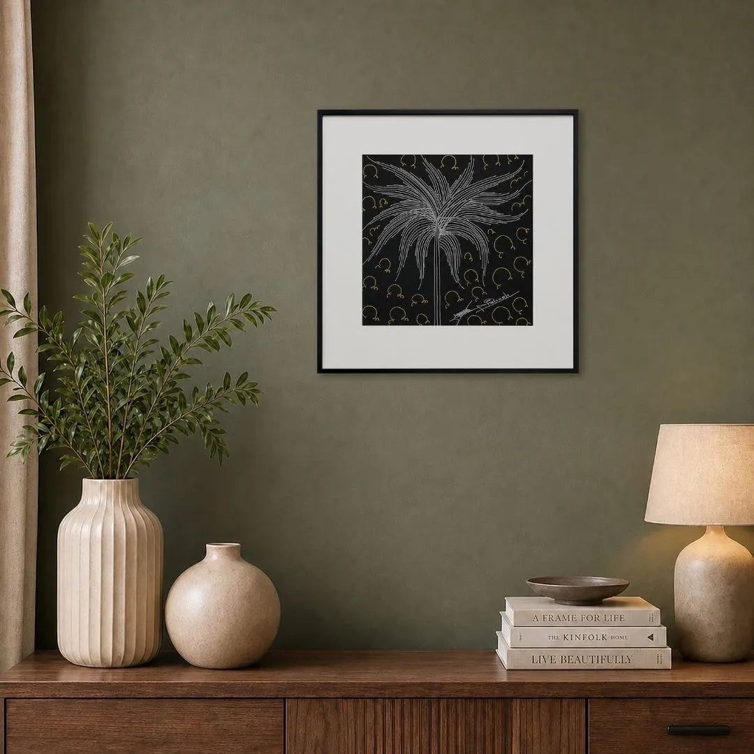 Framed Kalpataru Surpur art painting hanging above a console table on a wall
