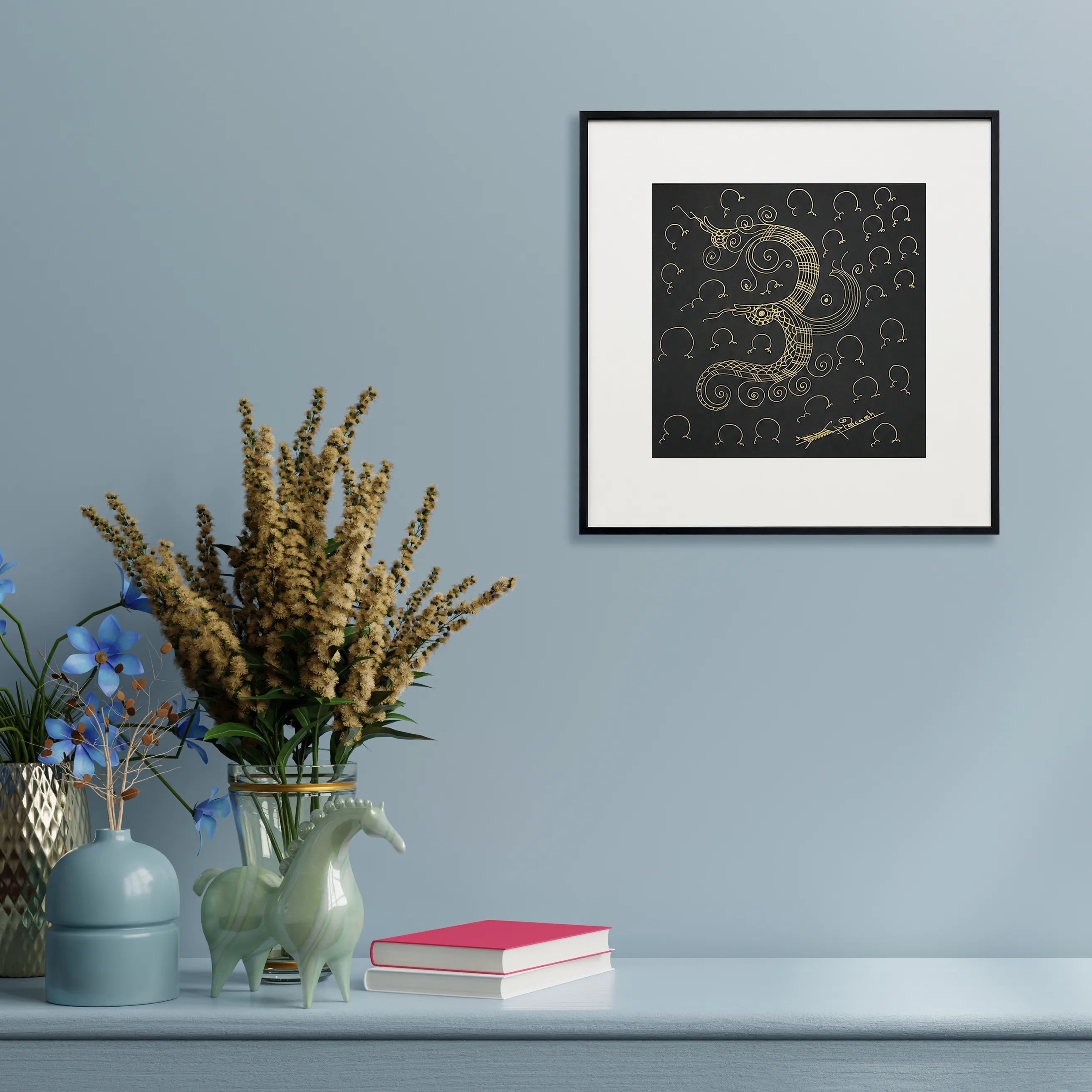 Framed Om Shree Namah Surpur art painting hanging above a console table on a wall
