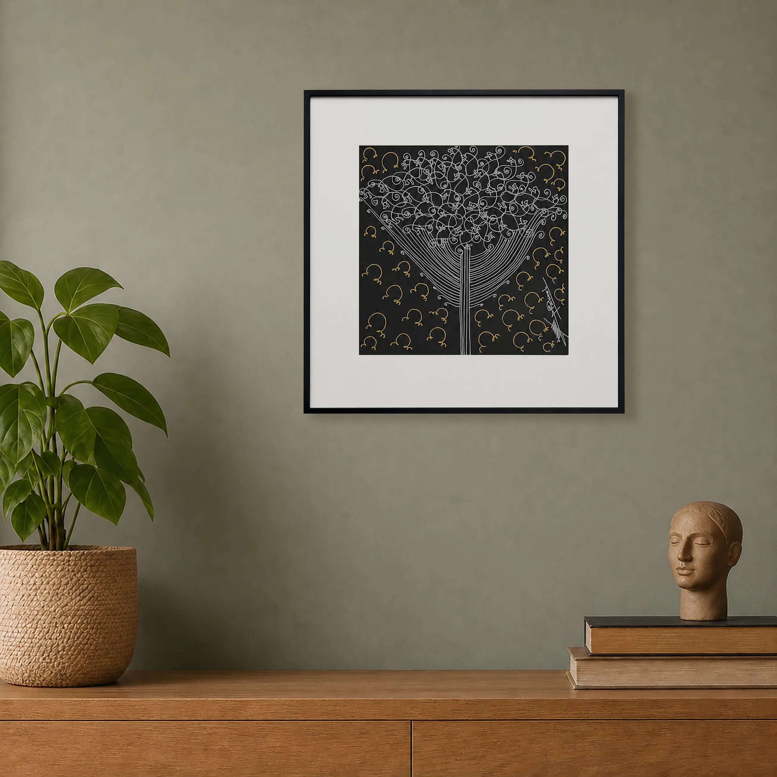 Framed Tree of Life Surpur art painting hanging above a console table on a wall
