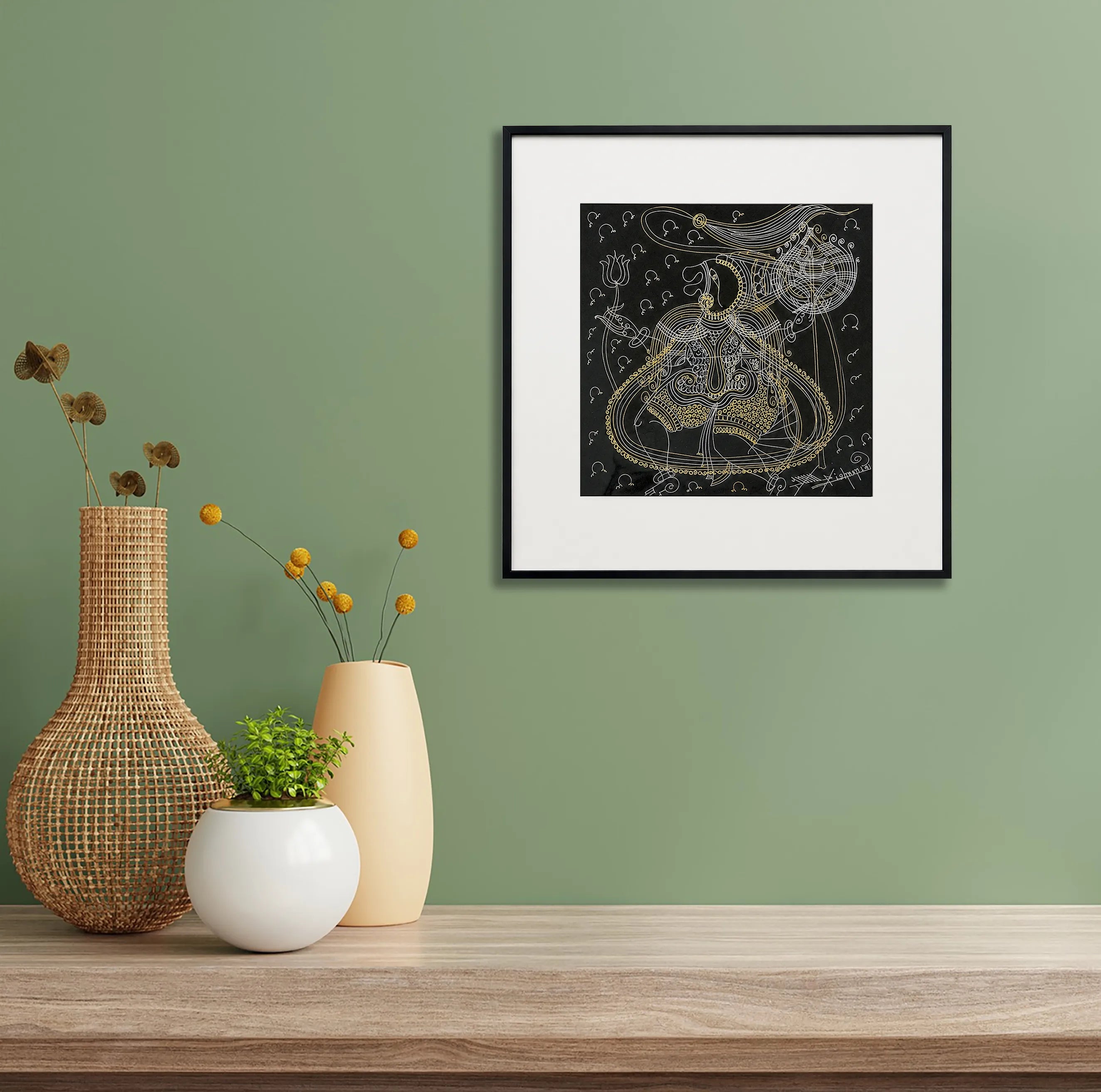Framed Untitled Surpur art painting hanging above a console table on a wall
