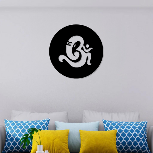 Om Ganesha metal wall art above fireplace in modern living room – spiritual decor for home

