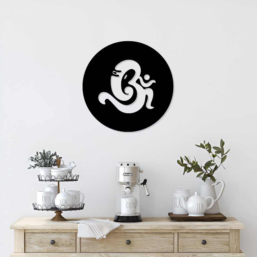 Om Ganesha metal wall art round black decor on beige wall – modern spiritual home decor