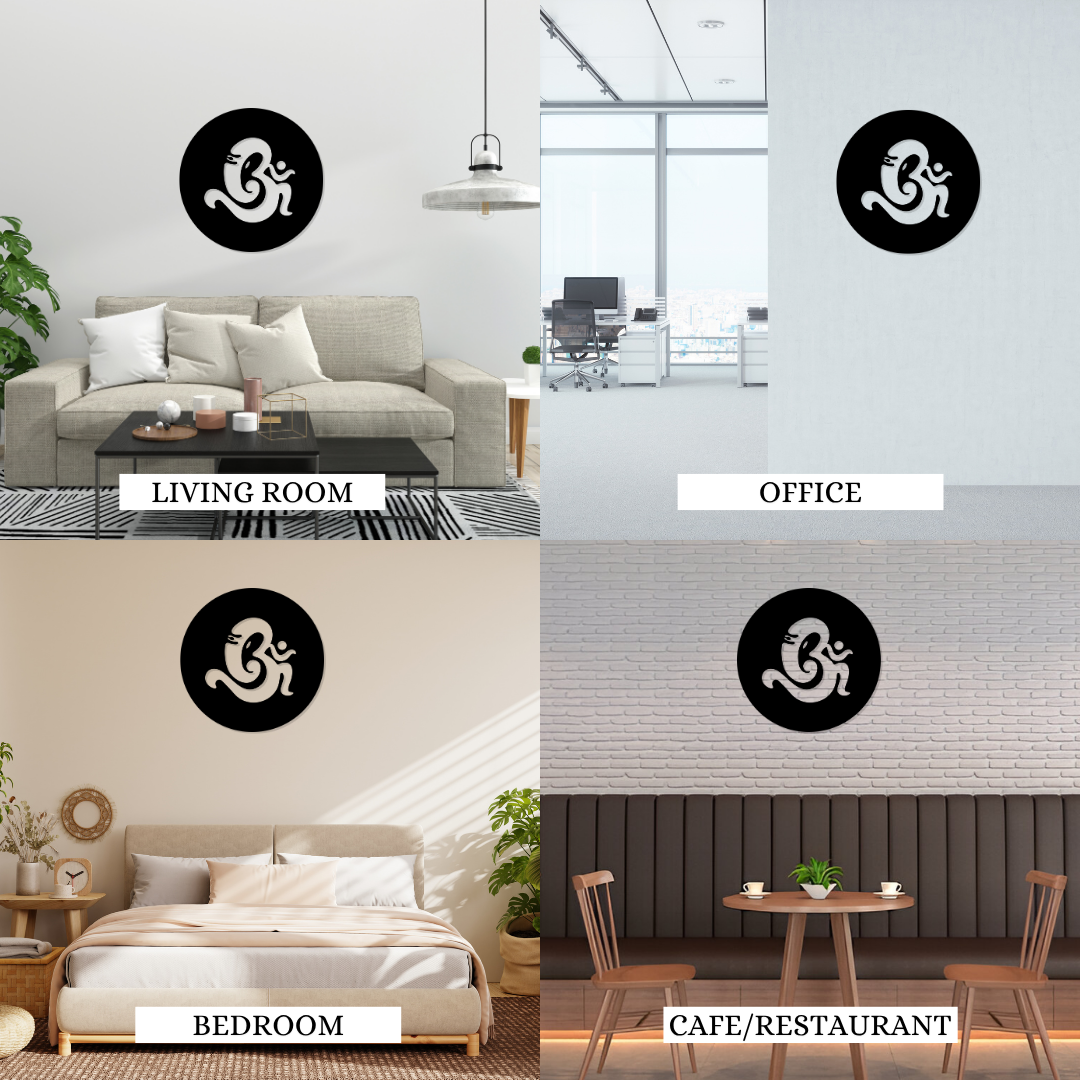 Om Ganesha metal wall art displayed in living room, office, bedroom, and cafe – versatile black round decor